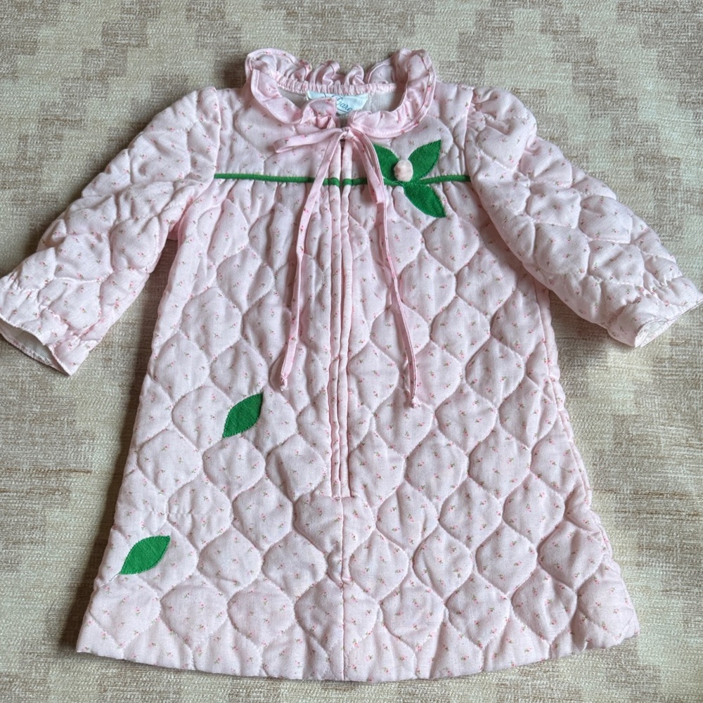 Laura Dare Vintage Pink Quilted Rosebud Kids Bathrobe with Green Accents 12M